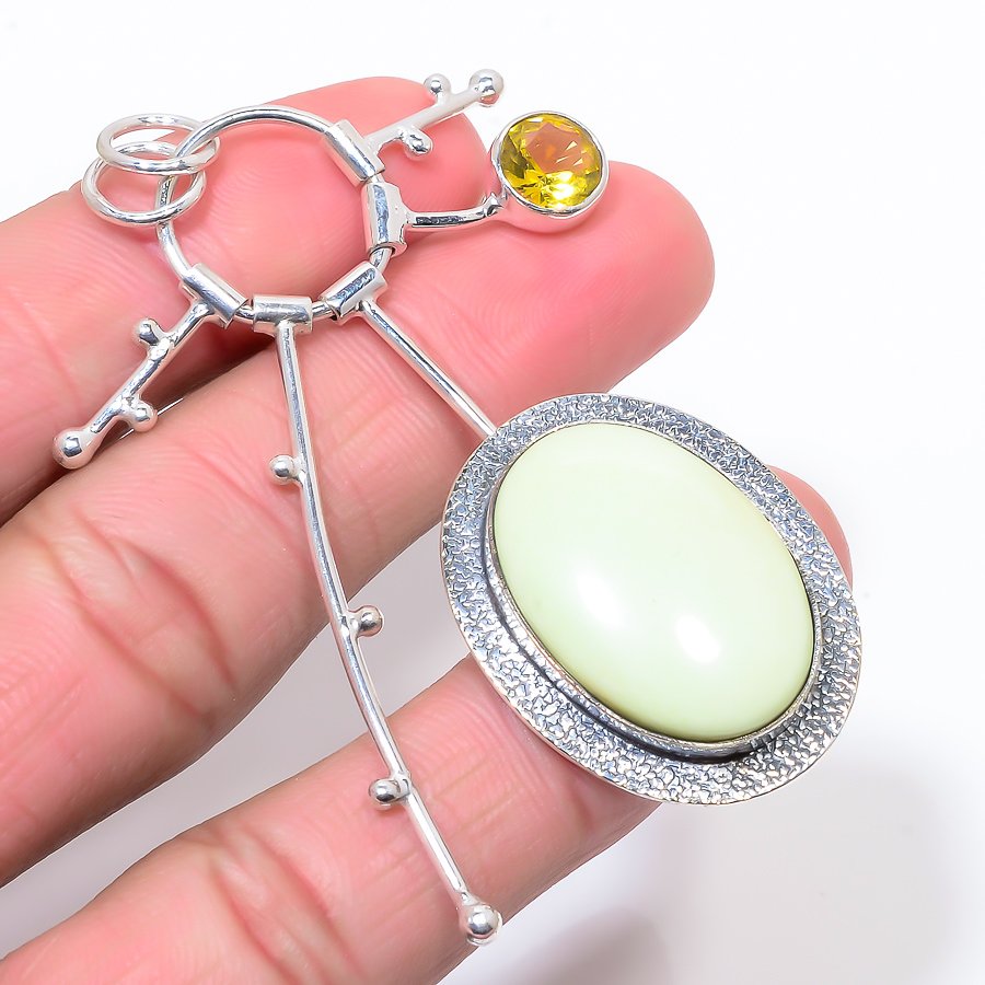 Lemon Chrysoprase & Citirine 925 Sterling Silver Pendant, Handmade Pendant, Oval Pendant, Yellow Pendant, Unique Silver Pendant, Fine Pendant, Silver Jewelry Pendant