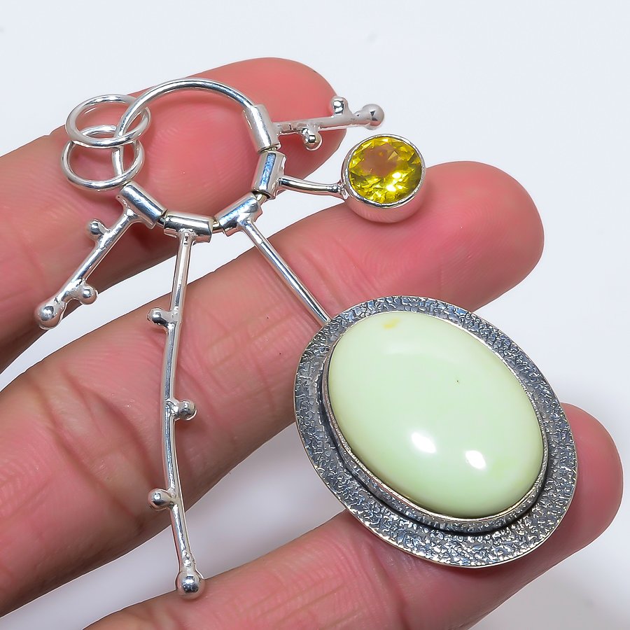 Lemon Chrysoprase & Citirine 925 Sterling Silver Pendant, Handmade Pendant, Oval Pendant, Yellow Pendant, Unique Silver Pendant, Fine Pendant, Silver Jewelry Pendant