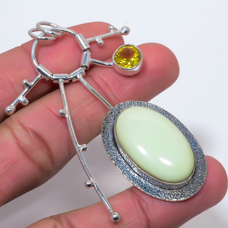 Lemon Chrysoprase & Citirine 925 Sterling Silver Pendant, Handmade Pendant, Oval Pendant, Yellow Pendant, Unique Silver Pendant, Fine Pendant, Silver Jewelry Pendant