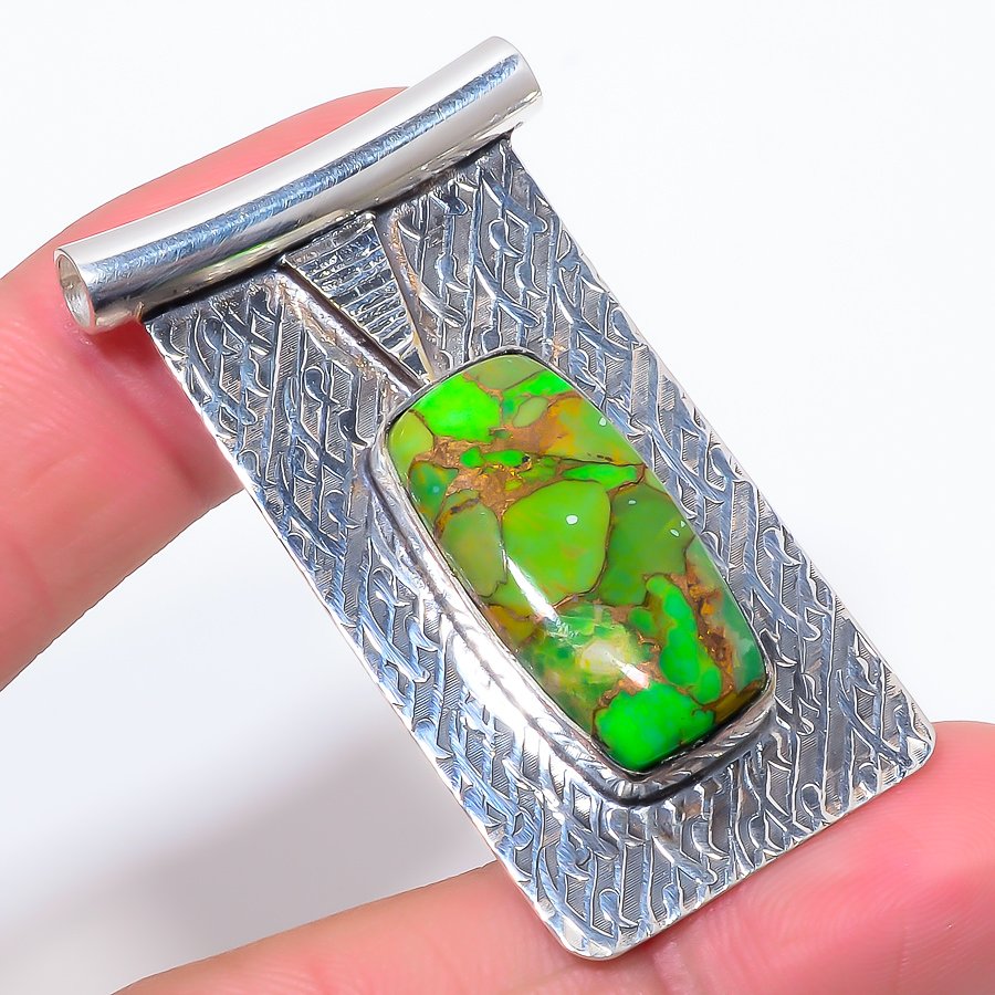 Copper Mohave Green Turquoise 925 Sterling Silver Pendant, Handmade Pendant, Cushion Pendant, Green Pendant, Unique Silver Pendant, Fine Pendant, Silver Jewelry Pendant