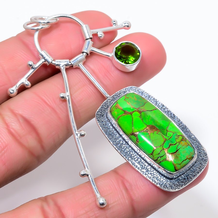 Copper Mohave Green Turquoise & Peridot 925 Sterling Silver Pendant, Handmade Pendant, Cushion Pendant, Green Pendant, Unique Silver Pendant, Fine Pendant, Silver Jewelry Pendant