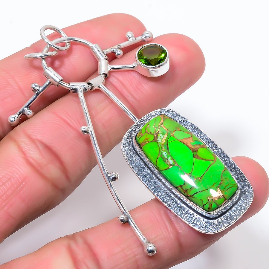 Copper Mohave Green Turquoise & Peridot 925 Sterling Silver Pendant, Handmade Pendant, Cushion Pendant, Green Pendant, Unique Silver Pendant, Fine Pendant, Silver Jewelry Pendant