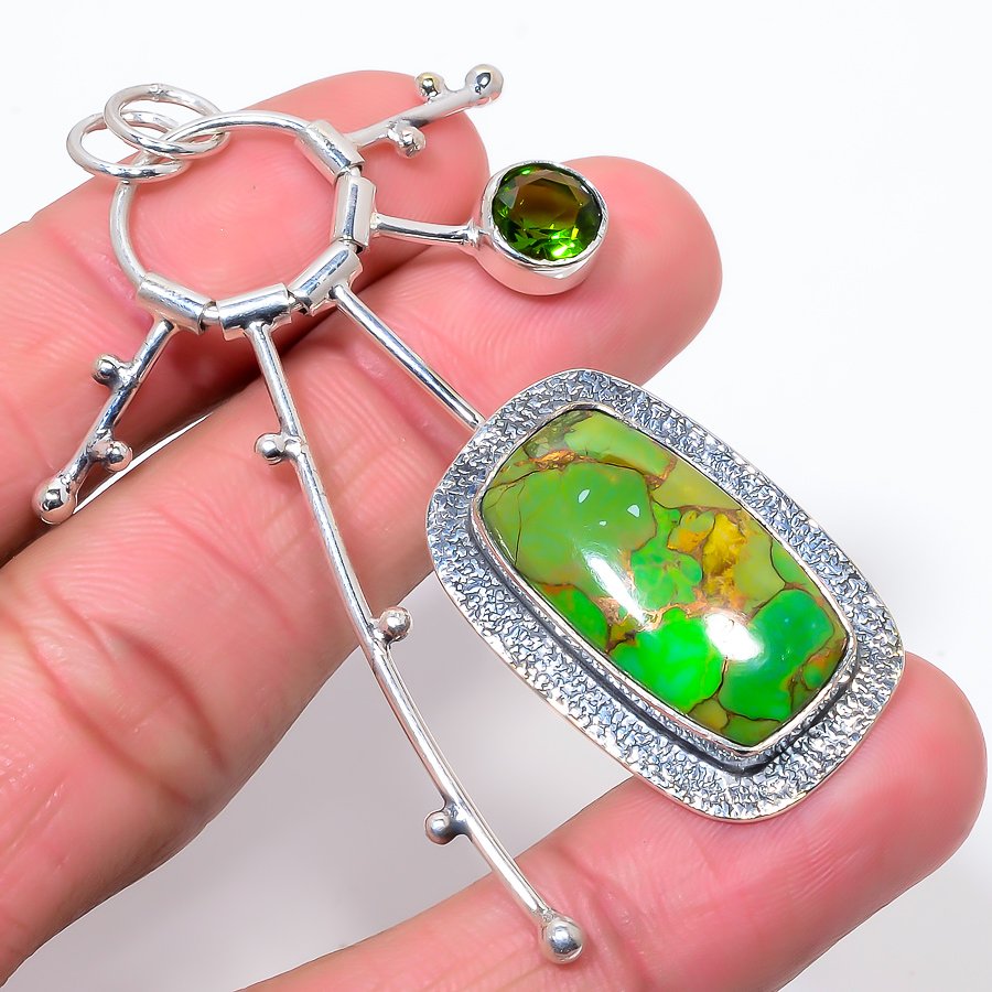 Copper Mohave Green Turquoise & Peridot 925 Sterling Silver Pendant, Handmade Pendant, Cushion Pendant, Green Pendant, Unique Silver Pendant, Fine Pendant, Silver Jewelry Pendant