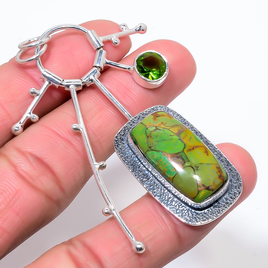 Copper Mohave Green Turquoise & Peridot 925 Sterling Silver Pendant, Handmade Pendant, Cushion Pendant, Green Pendant, Unique Silver Pendant, Fine Pendant, Silver Jewelry Pendant