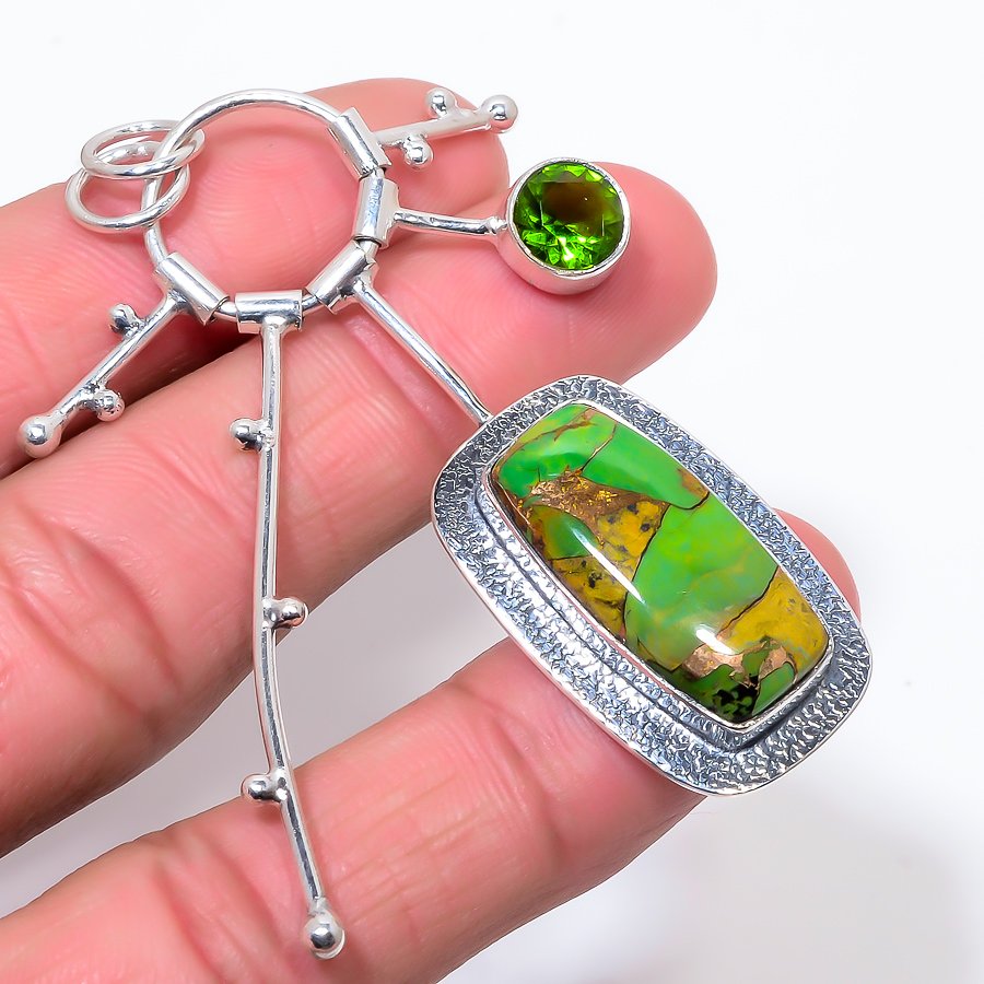 Copper Mohave Green Turquoise & Peridot 925 Sterling Silver Pendant, Handmade Pendant, Cushion Pendant, Green Pendant, Unique Silver Pendant, Fine Pendant, Silver Jewelry Pendant