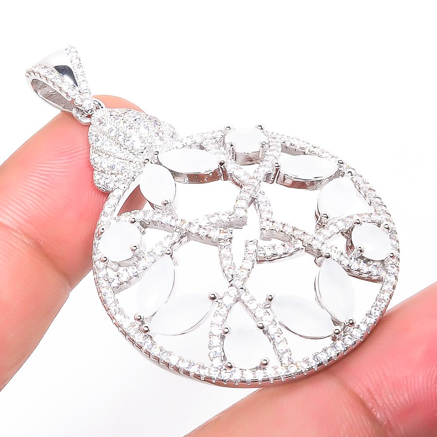 Moonstone & White Topaz 925 Sterling Silver Pendant, Handmade Pendant, Marquise Pendant, White Pendant, Unique Silver Pendant, Fine Pendant, Silver Jewelry Pendant