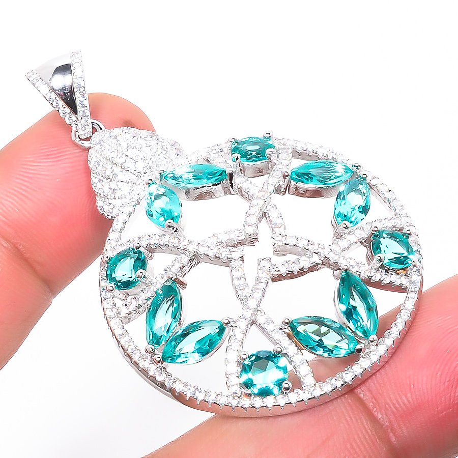 Neon Blue Topaz & Topaz 925 Sterling Silver Pendant, Handmade Pendant, Marquise Pendant, Blue Pendant, Unique Silver Pendant, Fine Pendant, Silver Jewelry Pendant