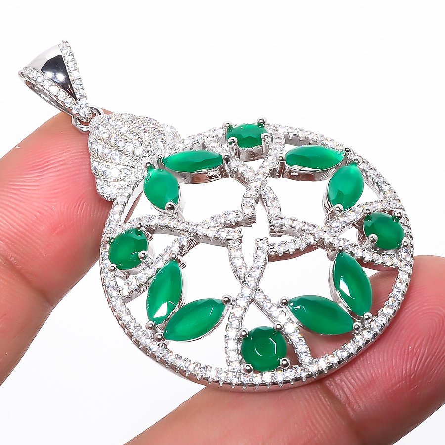 Green Onyx & Topaz 925 Sterling Silver Pendant, Handmade Pendant, Marquise Pendant, Green Pendant, Unique Silver Pendant, Fine Pendant, Silver Jewelry Pendant
