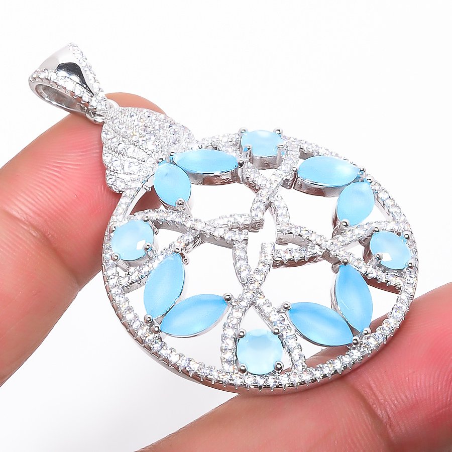 Blue Chalcedony 925 Sterling Silver Pendant, Handmade Pendant, Marquise Pendant, Blue Pendant, Unique Silver Pendant, Fine Pendant, Silver Jewelry Pendant