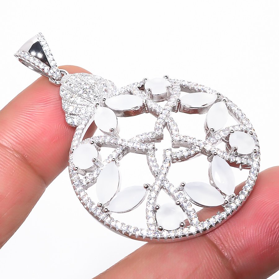 Moonstone & White Topaz 925 Sterling Silver Pendant, Handmade Pendant, Marquise Pendant, White Pendant, Unique Silver Pendant, Fine Pendant, Silver Jewelry Pendant