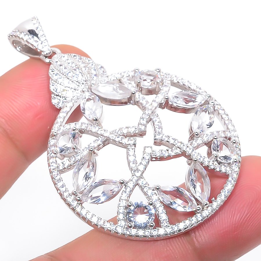 White Topaz & Cz 925 Sterling Silver Pendant, Handmade Pendant, Marquise Pendant, White Pendant, Unique Silver Pendant, Fine Pendant, Silver Jewelry Pendant