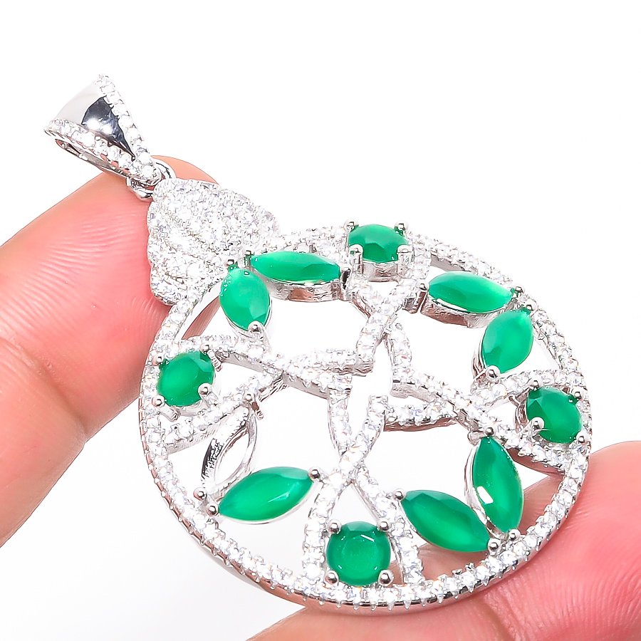 Green Onyx & Topaz 925 Sterling Silver Pendant, Handmade Pendant, Marquise Pendant, Green Pendant, Unique Silver Pendant, Fine Pendant, Silver Jewelry Pendant