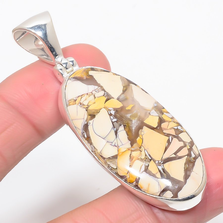 Brecciated Mookaite 925 Sterling Silver Pendant, Handmade Pendant, Oval Pendant, Yellow Pendant, Unique Silver Pendant, Fine Pendant, Silver Jewelry Pendant