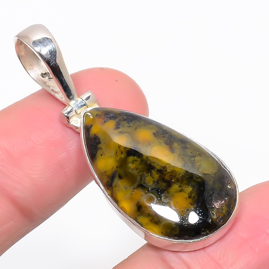 Ocean Jasper 925 Sterling Silver Pendant, Handmade Pendant, Pear Pendant, Green Pendant, Unique Silver Pendant, Fine Pendant, Silver Jewelry Pendant