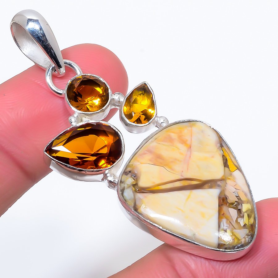 Brecciated Mookaite & Golden Topaz 925 Sterling Silver Pendant, Handmade Pendant, Pear Pendant, Yellow Pendant, Unique Silver Pendant, Fine Pendant, Silver Jewelry Pendant