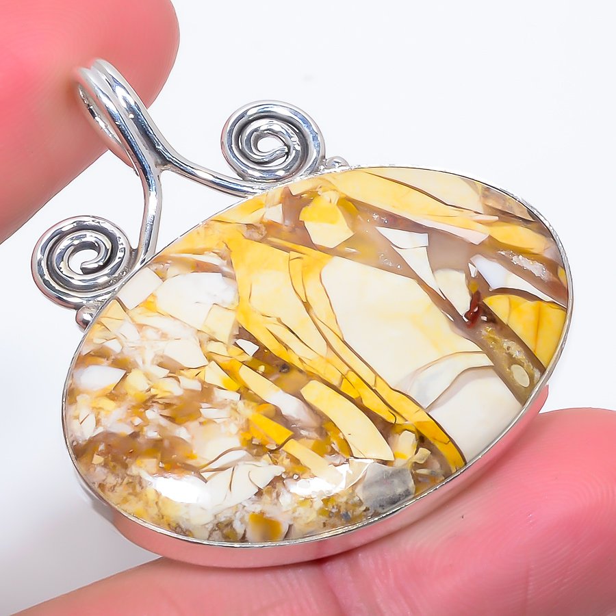 Brecciated Mookaite 925 Sterling Silver Pendant, Handmade Pendant, Oval Pendant, Yellow Pendant, Unique Silver Pendant, Fine Pendant, Silver Jewelry Pendant