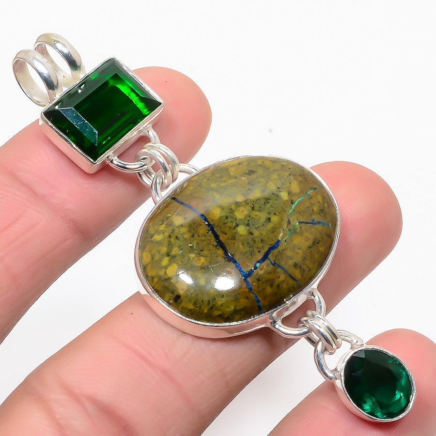 Azurite Malachite & Chrome Diopside 925 Sterling Silver Pendant, Handmade Pendant, Oval Pendant, Green Pendant, Unique Silver Pendant, Fine Pendant, Silver Jewelry Pendant