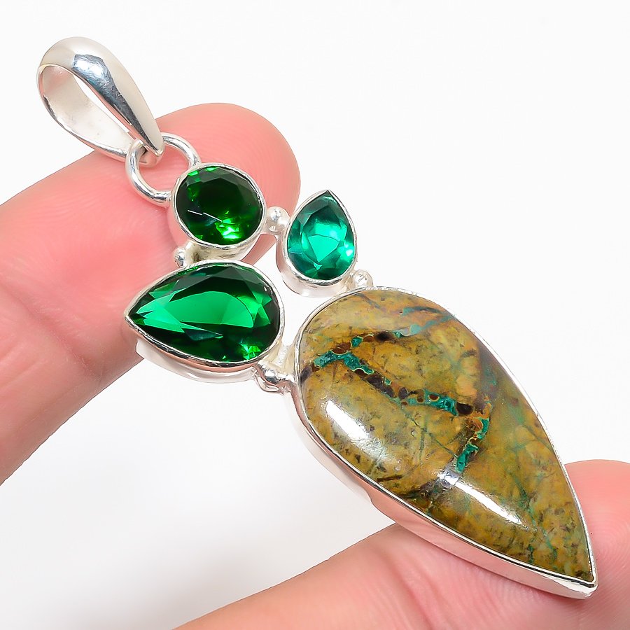 Azurite Malachite, Emerald 925 Sterling Silver Pendant, Handmade Pendant, Pear Pendant, Green Pendant, Unique Silver Pendant, Fine Pendant, Silver Jewelry Pendant