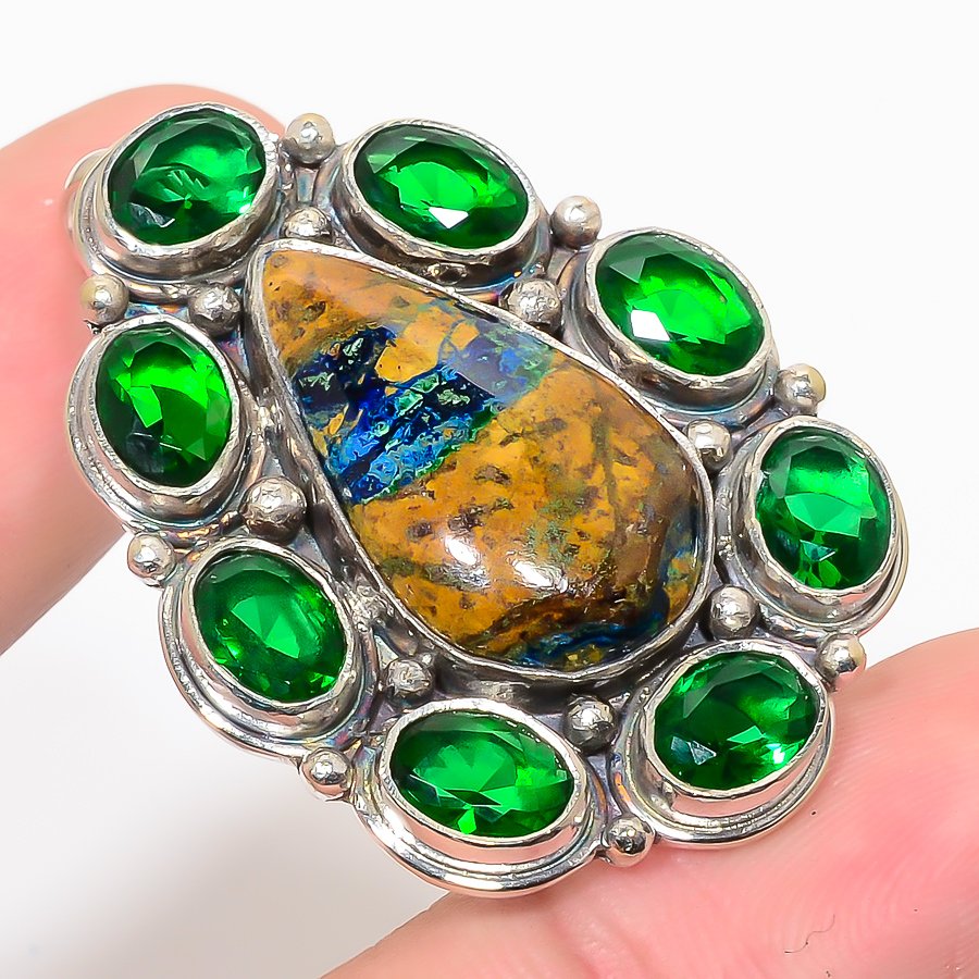 Azurite Malachite & Chrome Diopside 925 Sterling Silver Pendant, Handmade Pendant, Pear Pendant, Green Pendant, Unique Silver Pendant, Fine Pendant, Silver Jewelry Pendant