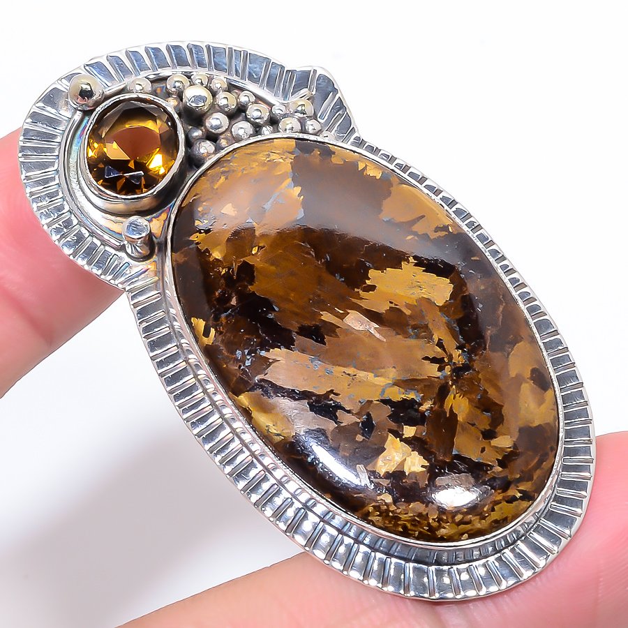 Bronzite Jasper & Smoky Quartz 925 Sterling Silver Pendant, Handmade Pendant, Oval Pendant, Brown Pendant, Unique Silver Pendant, Fine Pendant, Silver Jewelry Pendant