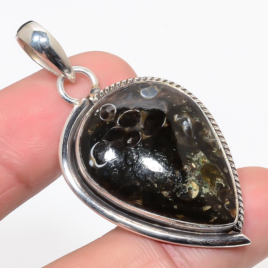 Turritella Fossil Agate 925 Sterling Silver Pendant, Handmade Pendant, Pear Pendant, Brown Pendant, Unique Silver Pendant, Fine Pendant, Silver Jewelry Pendant