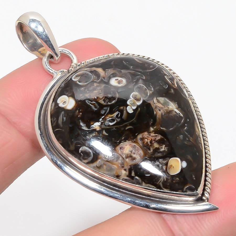 Turritella Fossil Agate 925 Sterling Silver Pendant, Handmade Pendant, Pear Pendant, Brown Pendant, Unique Silver Pendant, Fine Pendant, Silver Jewelry Pendant