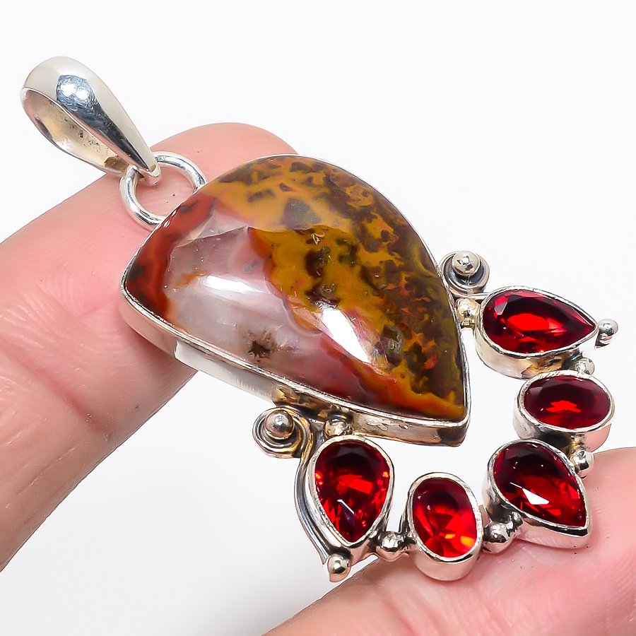 Teepee Canyon Agate & Garnet 925 Sterling Silver Pendant, Handmade Pendant, Pear Pendant, Red Pendant, Unique Silver Pendant, Fine Pendant, Silver Jewelry Pendant
