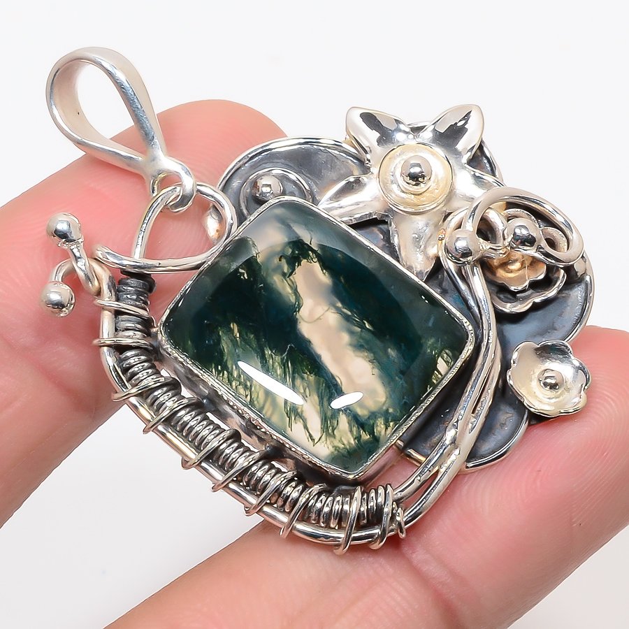 Moss Garden Agate 925 Sterling Silver Pendant, Handmade Pendant, Cushion Pendant, Green Pendant, Unique Silver Pendant, Fine Pendant, Silver Jewelry Pendant