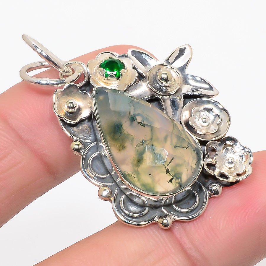 Moss Garden Agate & Chrome Diopside 925 Sterling Silver Pendant, Handmade Pendant, Pear Pendant, Green Pendant, Unique Silver Pendant, Fine Pendant, Silver Jewelry Pendant