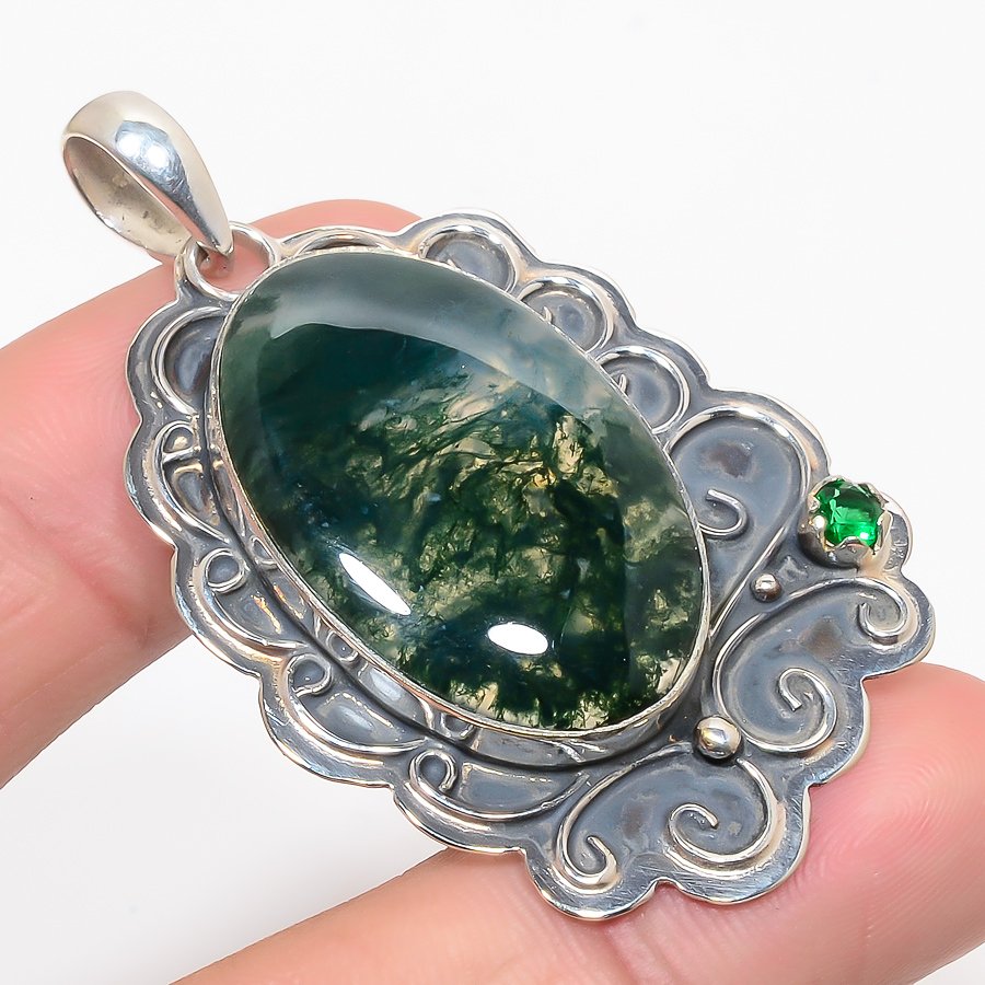 Moss Garden Agate & Chrome Diopside 925 Sterling Silver Pendant, Handmade Pendant, Oval Pendant, Green Pendant, Unique Silver Pendant, Fine Pendant, Silver Jewelry Pendant
