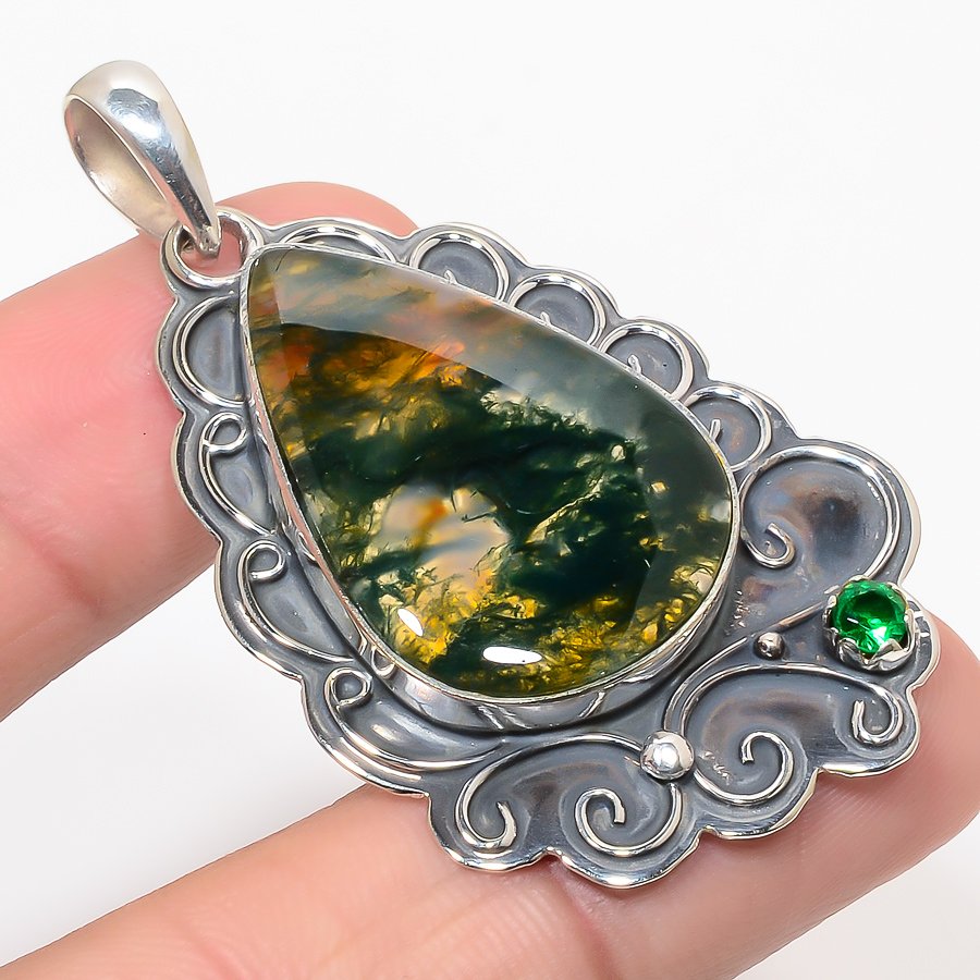 Moss Garden Agate & Chrome Diopside 925 Sterling Silver Pendant, Handmade Pendant, Pear Pendant, Green Pendant, Unique Silver Pendant, Fine Pendant, Silver Jewelry Pendant