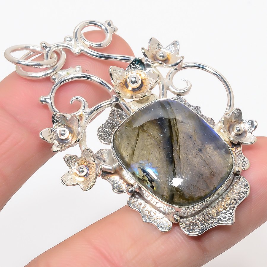 Blue Fire Labradorite 925 Sterling Silver Pendant, Handmade Pendant, Cushion Pendant, Black Pendant, Unique Silver Pendant, Fine Pendant, Silver Jewelry Pendant