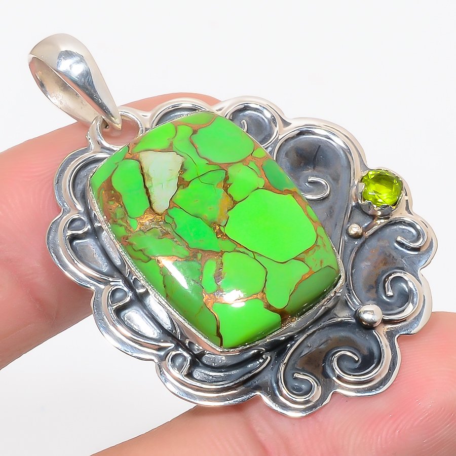 Arizona Green Copper Turquoise & Peridot 925 Sterling Silver Pendant, Handmade Pendant, Cushion Pendant, Green Pendant, Unique Silver Pendant, Fine Pendant, Silver Jewelry Pendant