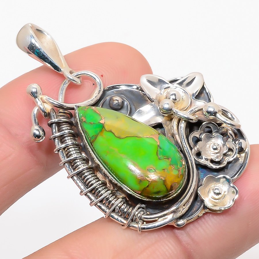 Arizona Green Copper Turquoise 925 Sterling Silver Pendant, Handmade Pendant, Pear Pendant, Green Pendant, Unique Silver Pendant, Fine Pendant, Silver Jewelry Pendant