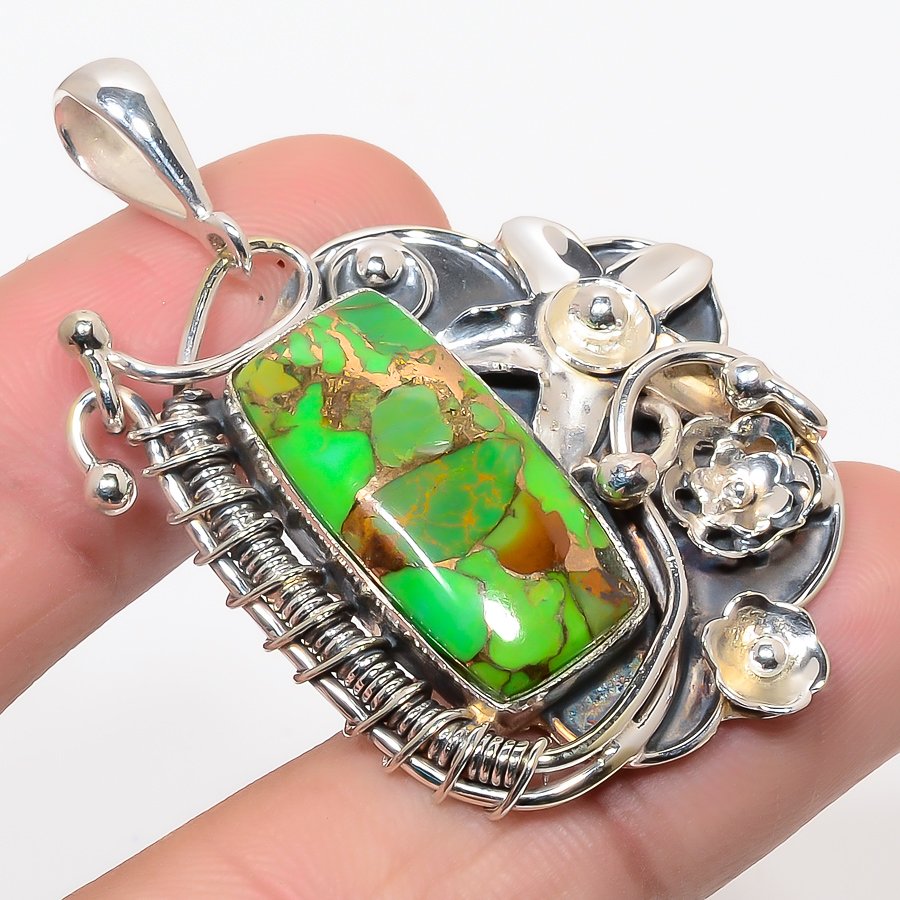 Arizona Green Copper Turquoise 925 Sterling Silver Pendant, Handmade Pendant, Cushion Pendant, Green Pendant, Unique Silver Pendant, Fine Pendant, Silver Jewelry Pendant