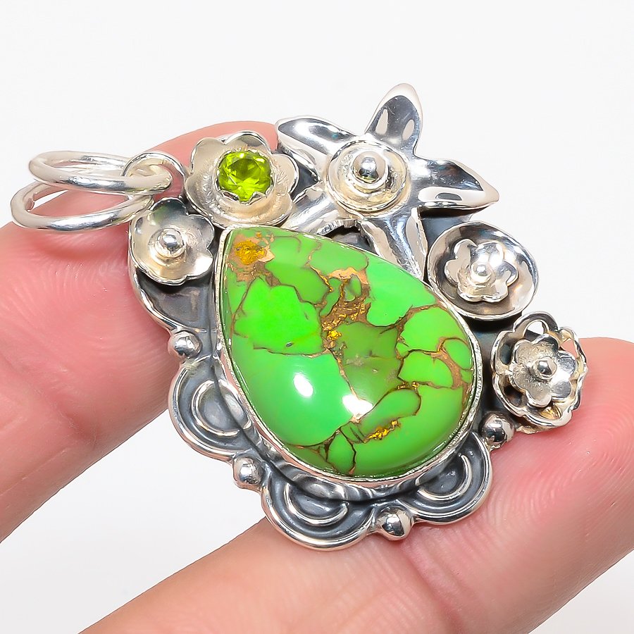 Arizona Green Copper Turquoise & Peridot 925 Sterling Silver Pendant, Handmade Pendant, Oval Pendant, Green Pendant, Unique Silver Pendant, Fine Pendant, Silver Jewelry Pendant