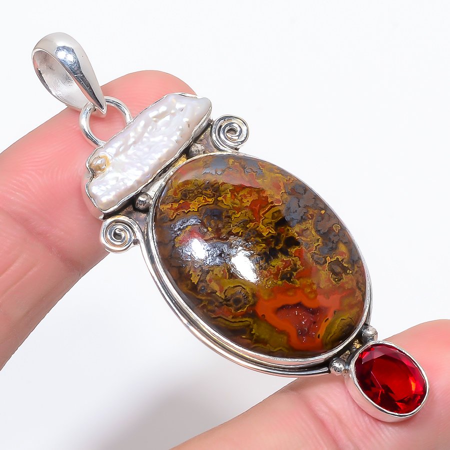 Teepee Canyon Agate & Biwa Pearl & Garnet 925 Sterling Silver Pendant, Handmade Pendant, Oval Pendant, Red Pendant, Unique Silver Pendant, Fine Pendant, Silver Jewelry Pendant