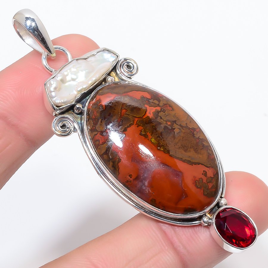 Teepee Canyon Agate & Biwa Pearl & Garnet 925 Sterling Silver Pendant, Handmade Pendant, Oval Pendant, Red Pendant, Unique Silver Pendant, Fine Pendant, Silver Jewelry Pendant