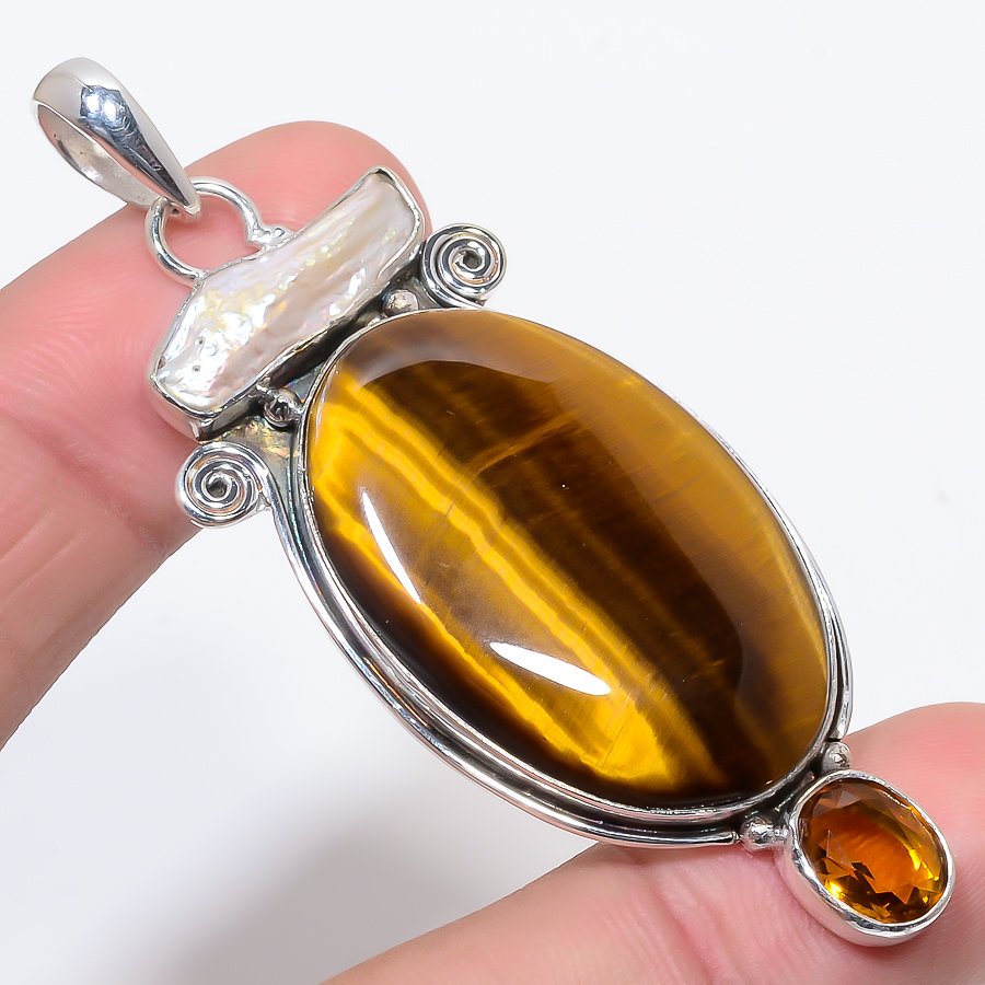 Yellow Tiger Eye,Biwa Pearl,Smoky Topaz 925 Sterling Silver Pendant, Handmade Pendant, Oval Pendant, Yellow Pendant, Unique Silver Pendant, Fine Pendant, Silver Jewelry Pendant