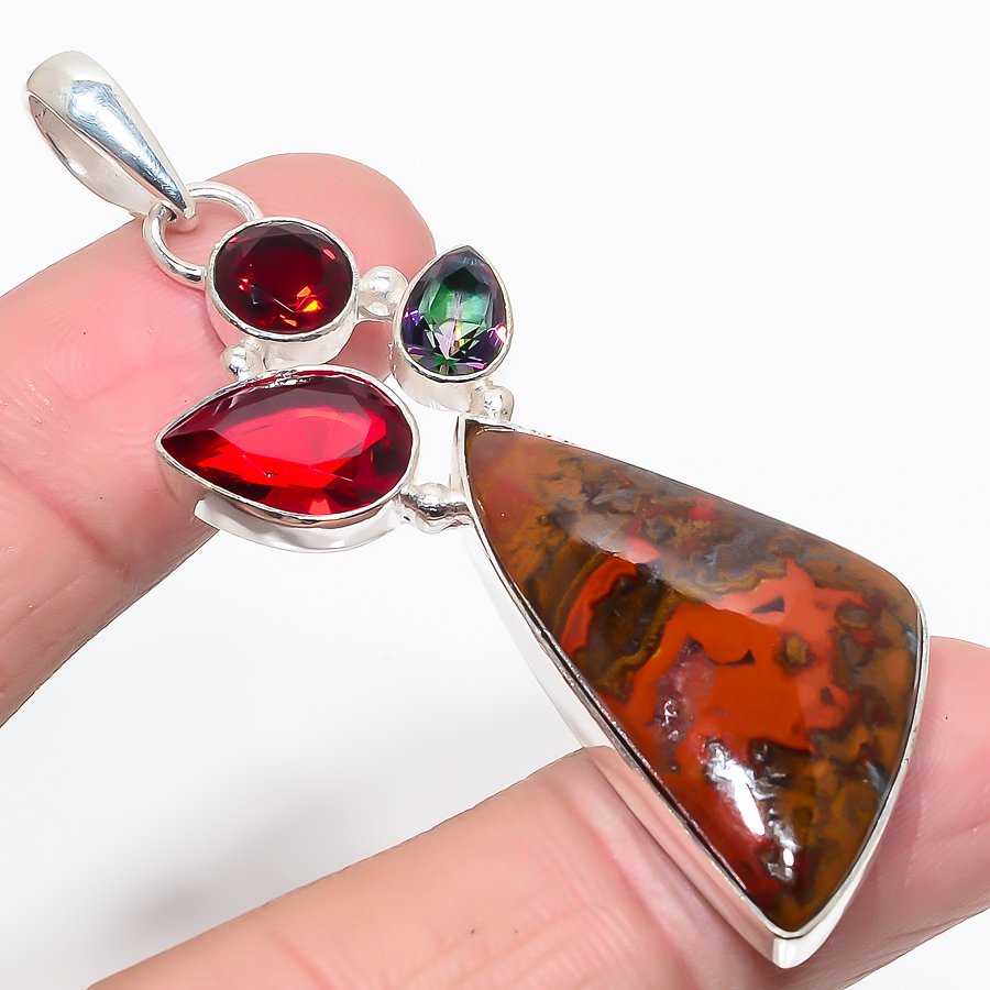 Teepee Canyon Agate & Garnet & Rainbow Mystic Topaz 925 Sterling Silver Pendant, Handmade Pendant, Trillion Pendant, Red Pendant, Unique Silver Pendant, Fine Pendant, Silver Jewelry Pendant
