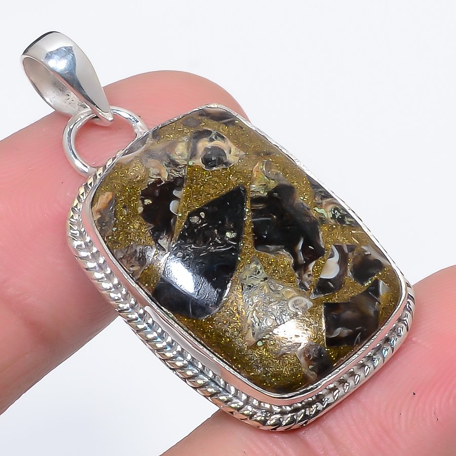 Copper Turritella Fossil 925 Sterling Silver Pendant, Handmade Pendant, Cushion Pendant, Brown Pendant, Unique Silver Pendant, Fine Pendant, Silver Jewelry Pendant