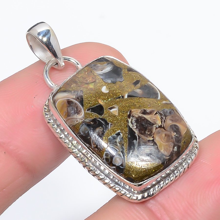 Copper Turritella Fossil 925 Sterling Silver Pendant, Handmade Pendant, Cushion Pendant, Brown Pendant, Unique Silver Pendant, Fine Pendant, Silver Jewelry Pendant