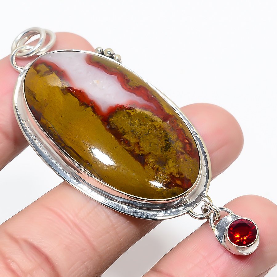 Teepee Canyon Agate & Garnet 925 Sterling Silver Pendant, Handmade Pendant, Oval Pendant, Red Pendant, Unique Silver Pendant, Fine Pendant, Silver Jewelry Pendant