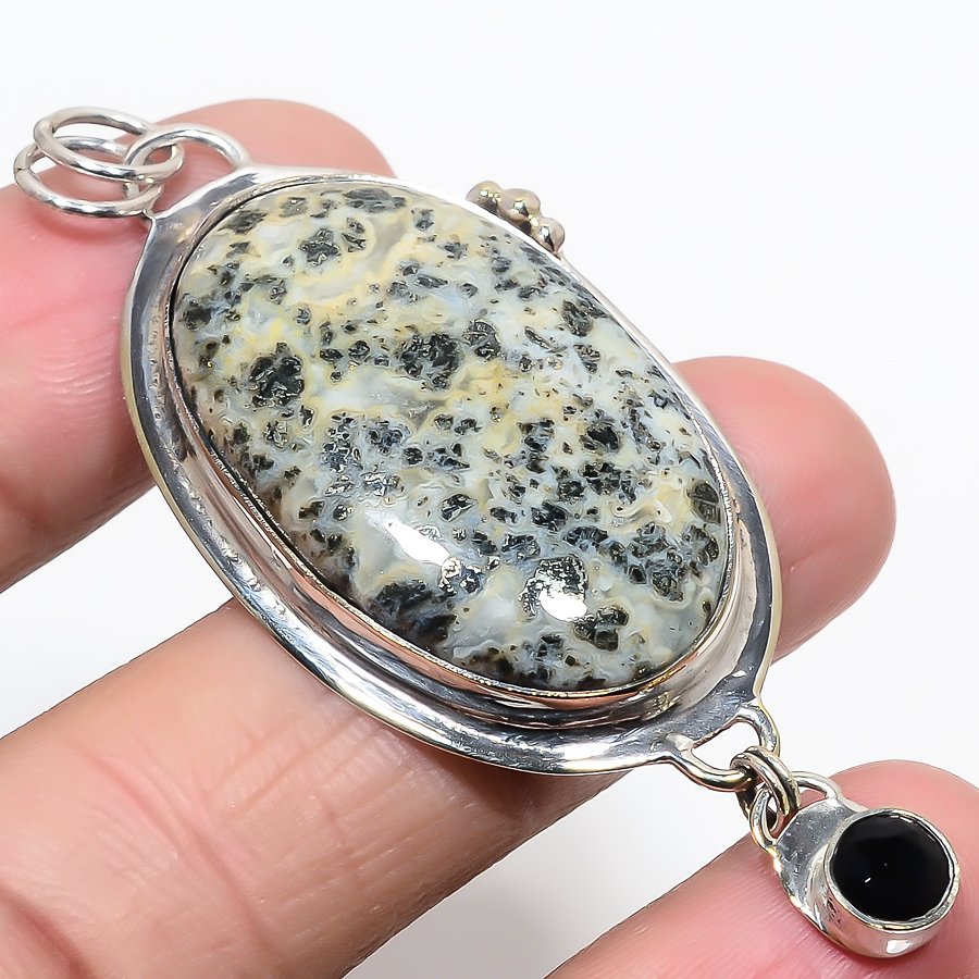 Chalco Pyrite & Black Onyx 925 Sterling Silver Pendant, Handmade Pendant, Oval Pendant, Gray Pendant, Unique Silver Pendant, Fine Pendant, Silver Jewelry Pendant