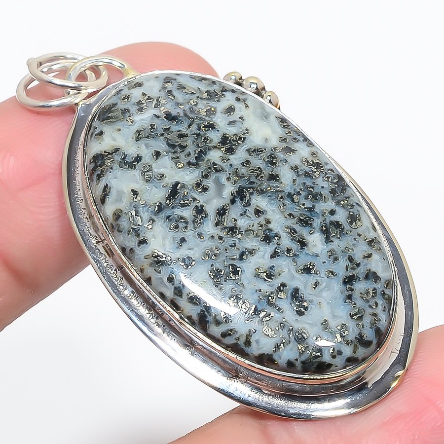 Chalco Pyrite 925 Sterling Silver Pendant, Handmade Pendant, Oval Pendant, Gray Pendant, Unique Silver Pendant, Fine Pendant, Silver Jewelry Pendant