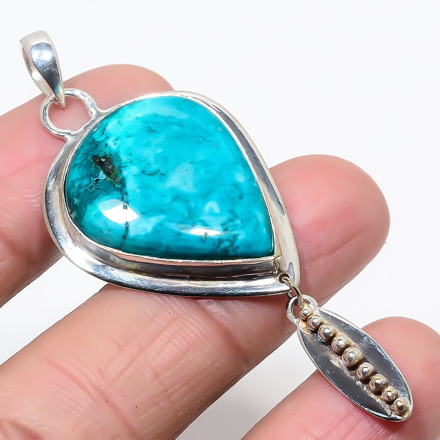 Chrysocolla 925 Sterling Silver Pendant, Handmade Pendant, Pear Pendant, Blue Pendant, Unique Silver Pendant, Fine Pendant, Silver Jewelry Pendant