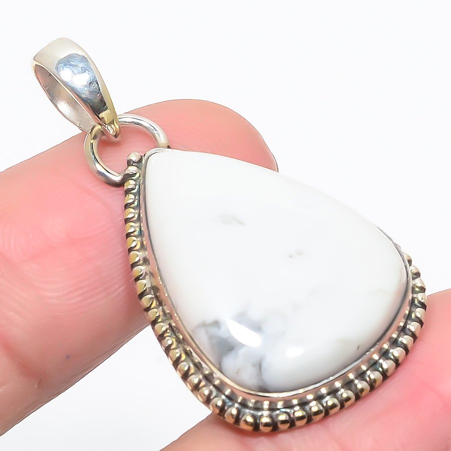 Howlite 925 Sterling Silver Pendant, Handmade Pendant, Pear Pendant, White Pendant, Unique Silver Pendant, Fine Pendant, Silver Jewelry Pendant