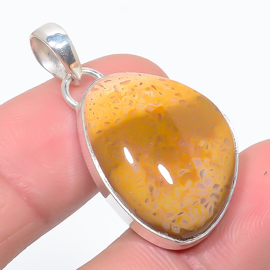 Fossil Coral 925 Sterling Silver Pendant, Handmade Pendant, Trillion Pendant, Yellow Pendant, Unique Silver Pendant, Fine Pendant, Silver Jewelry Pendant