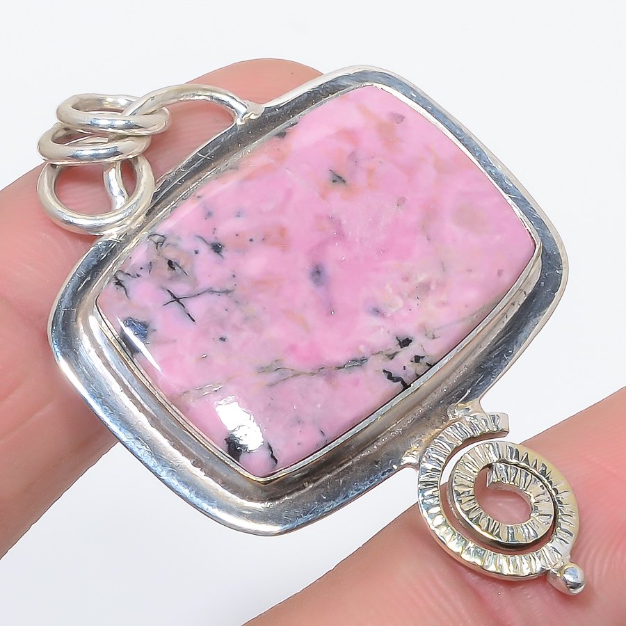 Rhodonite 925 Sterling Silver Pendant, Handmade Pendant, Cushion Pendant, Pink Pendant, Unique Silver Pendant, Fine Pendant, Silver Jewelry Pendant