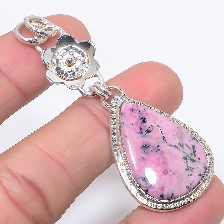 Magnetite Rhodonite 925 Sterling Silver Pendant, Handmade Pendant, Pear Pendant, Pink Pendant, Unique Silver Pendant, Fine Pendant, Silver Jewelry Pendant